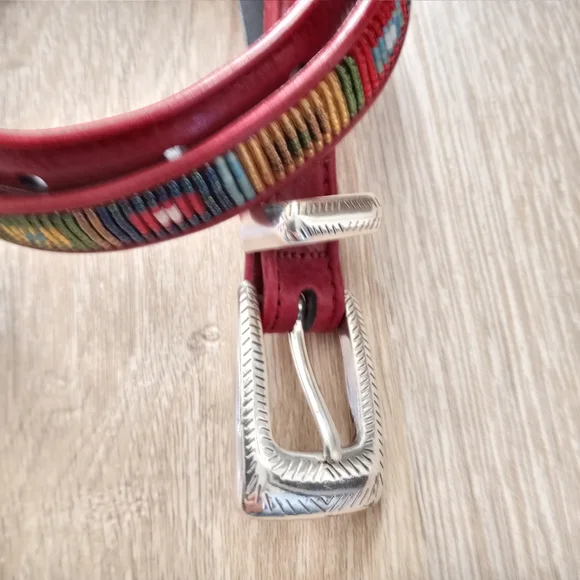 SOLD Brighton Belt Genuine Leather Silver Beaded Native American Red Size 32 … - Picture 6 of 12